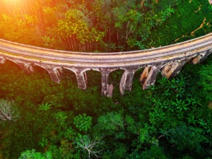 Aerial view of Nine Arches Bridge in Ella, Sri Lanka. Drone photo.